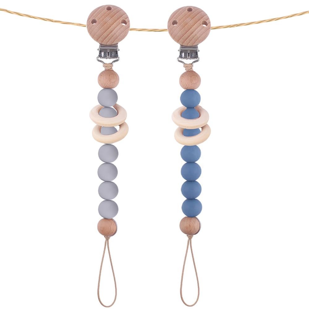 2Pcs Silicone Pacifier Clip with Natural Wooden Rings, Grey and Blue Pacifier Holder Binky Clips for Baby Boys (Blue)