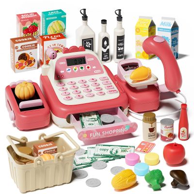 STACTCUTE 49Pcs Toy Cash Register with Scanner, Pretend Play Grocery Store Set with Real Calculator, Microphone, STEM Educational Supermarket Toys Gift for Boys Girls Kids Toddlers 3 4 5 6 7 8 (Pink)