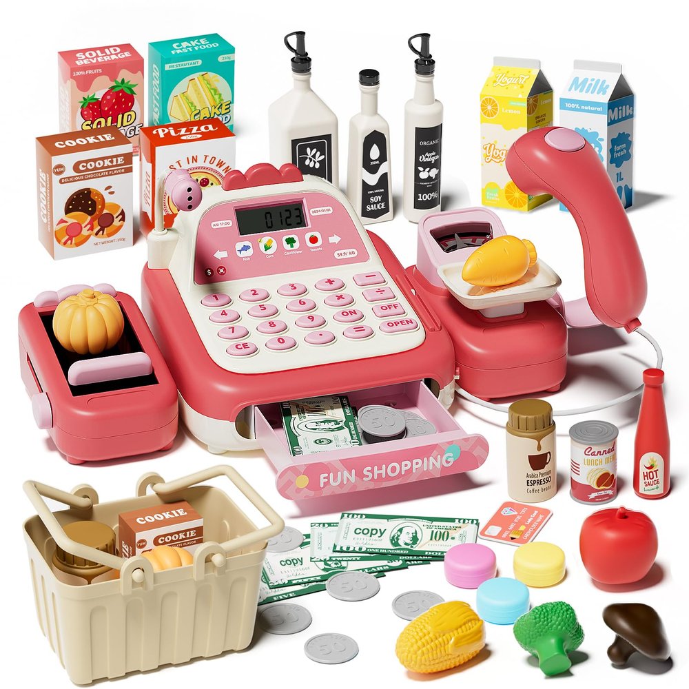 STACTCUTE 49Pcs Toy Cash Register with Scanner, Pretend Play Grocery Store Set with Real Calculator, Microphone, STEM Educational Supermarket Toys Gift for Boys Girls Kids Toddlers 3 4 5 6 7 8 (Pink)
