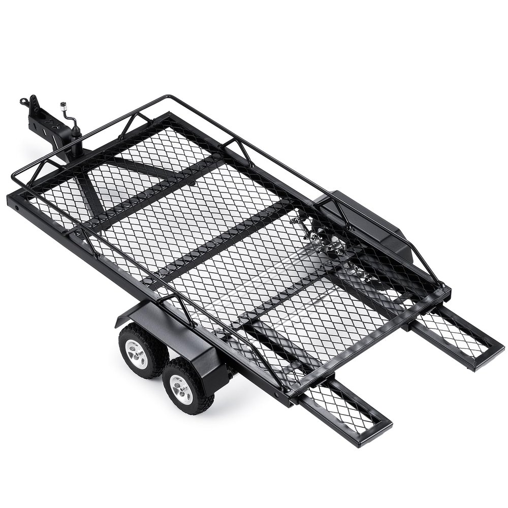 JGGZONE RC Trailer for Hauling Behind Car - Metal Hitch Mount Trailer with 4 Tires Heavy Duty Truck and RC Rock Cars Trailer for 1/18 RC Crawler TRX4M Defender Bronco K10 High Trail F150