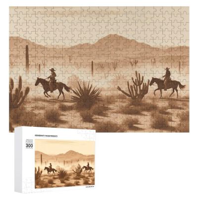 Jigsaw Puzzle 300 Pieces Personalized Photos Puzzle with Storage Bag West Desert Cactus with Cowboys Riding Horses Puzzles Challenging Picture Puzzle Men Women Home Decor Wooden Puzzles for Family