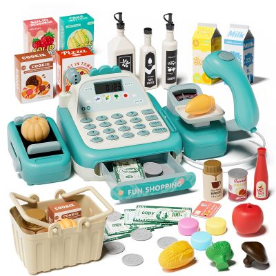 STACTCUTE 49PCS Pretend Play Cash Register Toy Set for Kids with Real Calculator,Scanner,Microphone,Conveyor Belt,Weighing Tool,Cashier Playset Realistic Gift for Toddler Kid Ages 3 4 5 6 7 8 (Green)