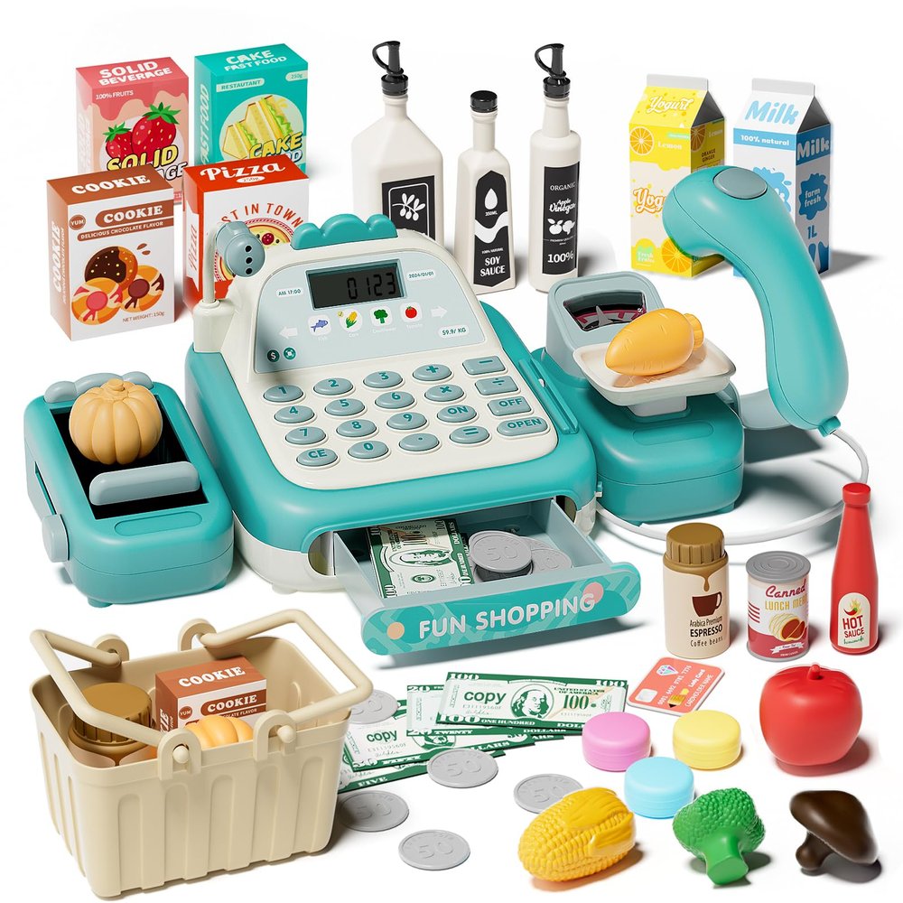 STACTCUTE 49PCS Pretend Play Cash Register Toy Set for Kids with Real Calculator,Scanner,Microphone,Conveyor Belt,Weighing Tool,Cashier Playset Realistic Gift for Toddler Kid Ages 3 4 5 6 7 8 (Green)