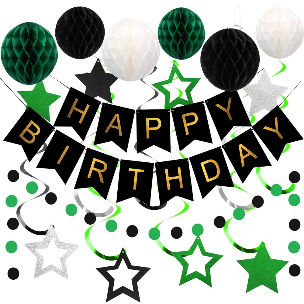 meowtastic Birthday Decorations, Happy Birthday Banner with Honeycomb Balls, Star Hanging Swirl Streamer, Circle Dot Garland, Happy Birthday Party Decorations for Women Men Boys Girls (Green & Black)