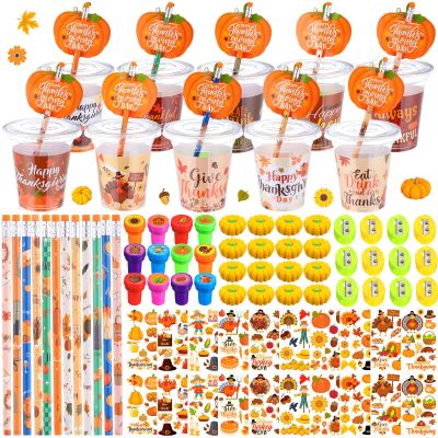 Chivertion 210 Pcs Thanksgiving Party Favors Fall Pumpkin Stationery Set Happy Thanksgiving Day Stamps Pencils Sharpener Erasers Stickers Cups for Autumn Harvest Exchange Gift Prizes Fillers Supplies