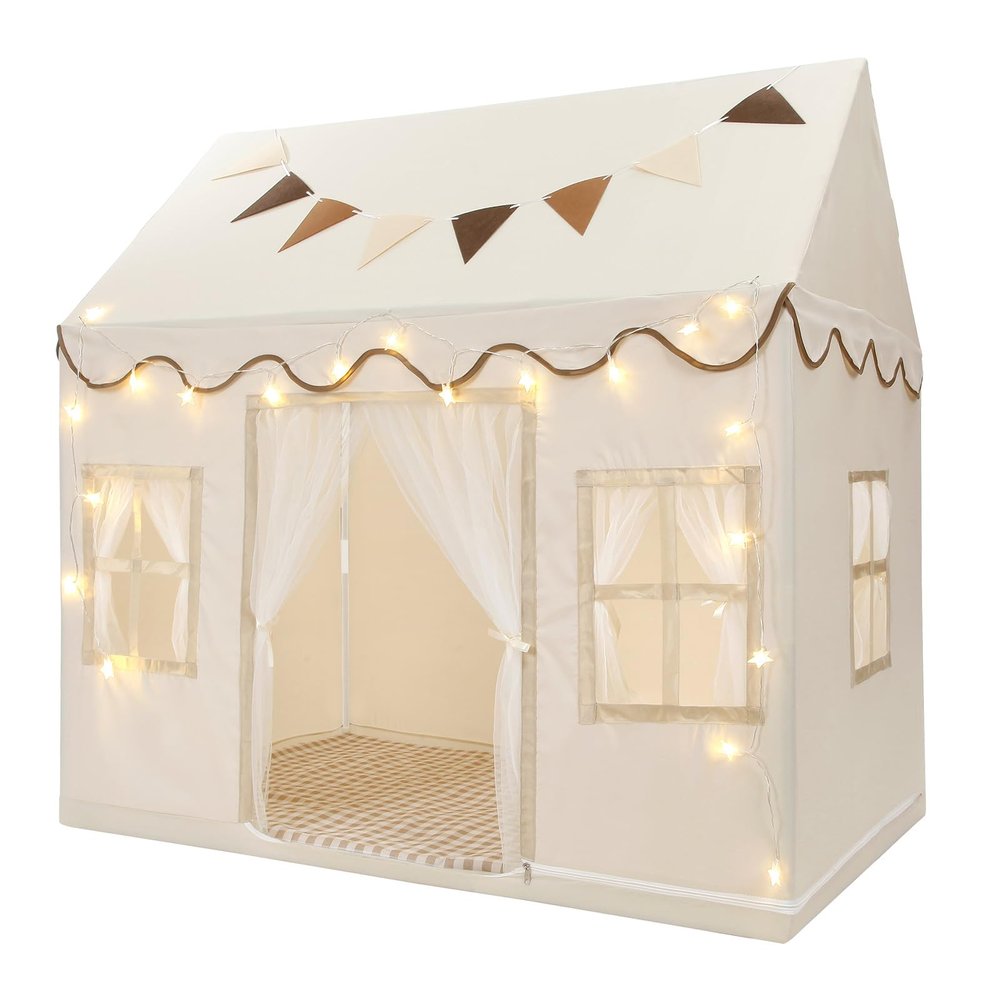 BOLERLE Kids Play Tent, Toddlers Large Playhouse with Mat, Star String, Flag, Machine Washable, Indoor and Outdoor Play Tent for Kids, Girls & Boy Aged 3+, 50" x 34" x 51", Cream