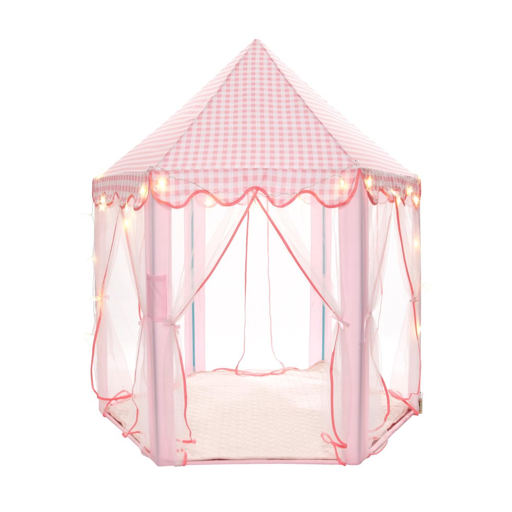 BOLERLE Princess Play Tent, Large Playhouse Castle Play Tent with Mat, Star String Toy, Indoor and Outdoor Games, for Children, Kids, Girls, Pink Plaid, 53" x 53" x 51", Pink