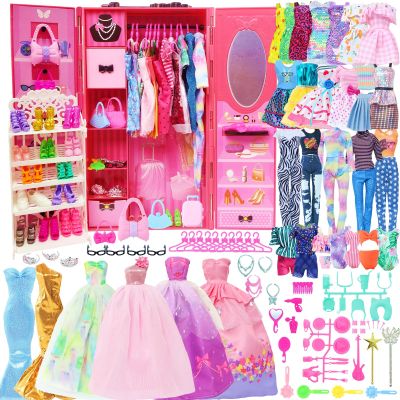 127pcs Doll Clothes Accessories and Closet for 11.5 inch Girl Doll,Dollhouse Wardrobe Storage Fashion Dress Gowns Outfits Swimsuits Tops Bottoms Shoe Rack High Heels Hangers Necklaces for 1/6 Dolls