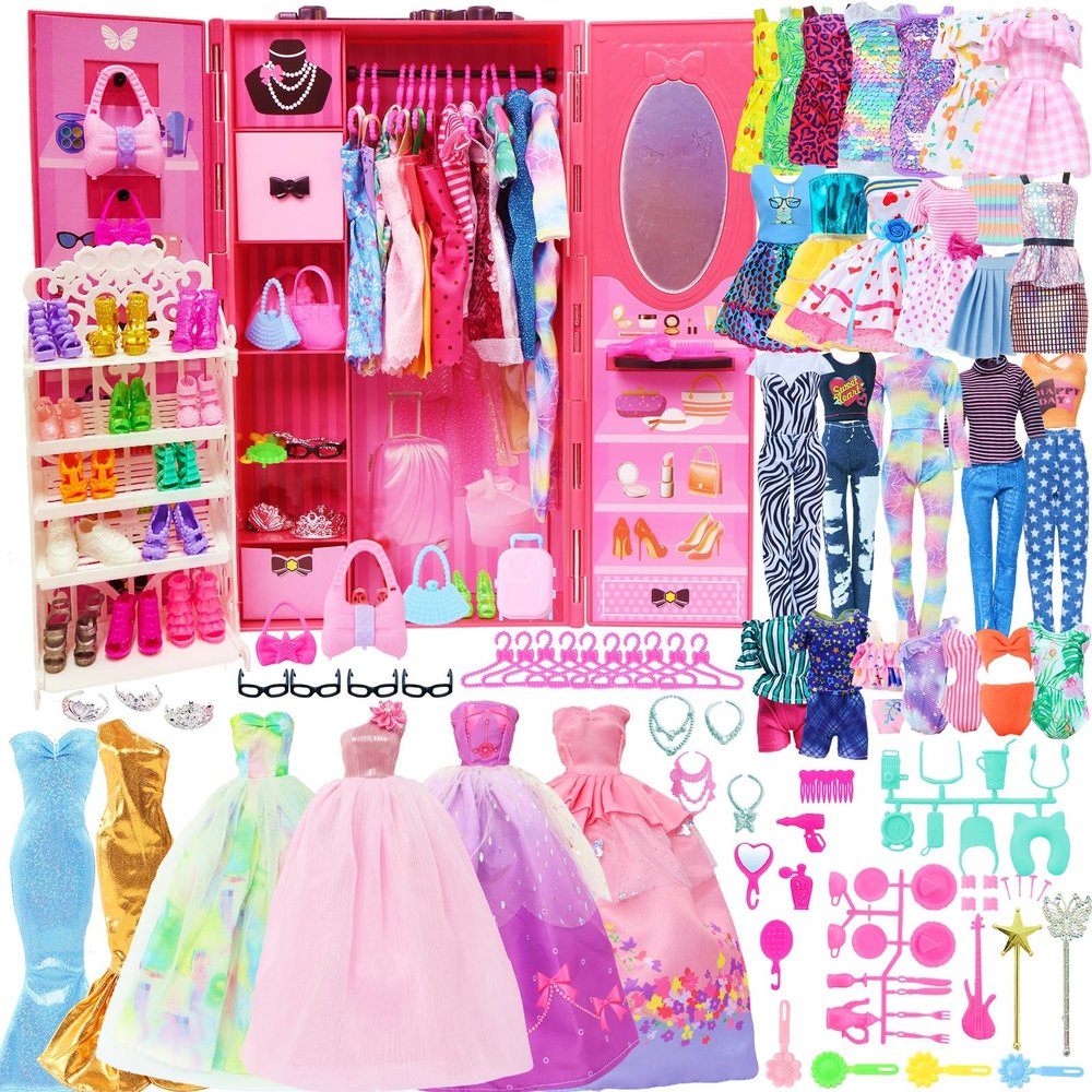 127pcs Doll Clothes Accessories and Closet for 11.5 inch Girl Doll,Dollhouse Wardrobe Storage Fashion Dress Gowns Outfits Swimsuits Tops Bottoms Shoe Rack High Heels Hangers Necklaces for 1/6 Dolls