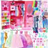 127pcs Doll Clothes Accessories and Closet for 11.5 inch Girl Doll,Dollhouse Wardrobe Storage Fashion Dress Gowns Outfits Swimsuits Tops Bottoms Shoe Rack High Heels Hangers Necklaces for 1/6 Dolls view 1