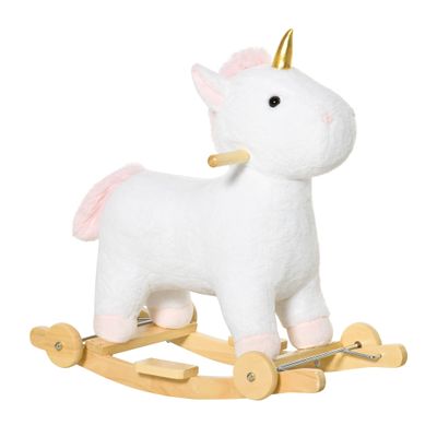 Qaba Rocking Horse, 2 in 1 Kids Ride on Horse, Rolling Unicorn Animal Rocker with Sound, Wooden Base, Pedal, Grip Handle, Plush Riding Pony for 3-6 Years Old, White