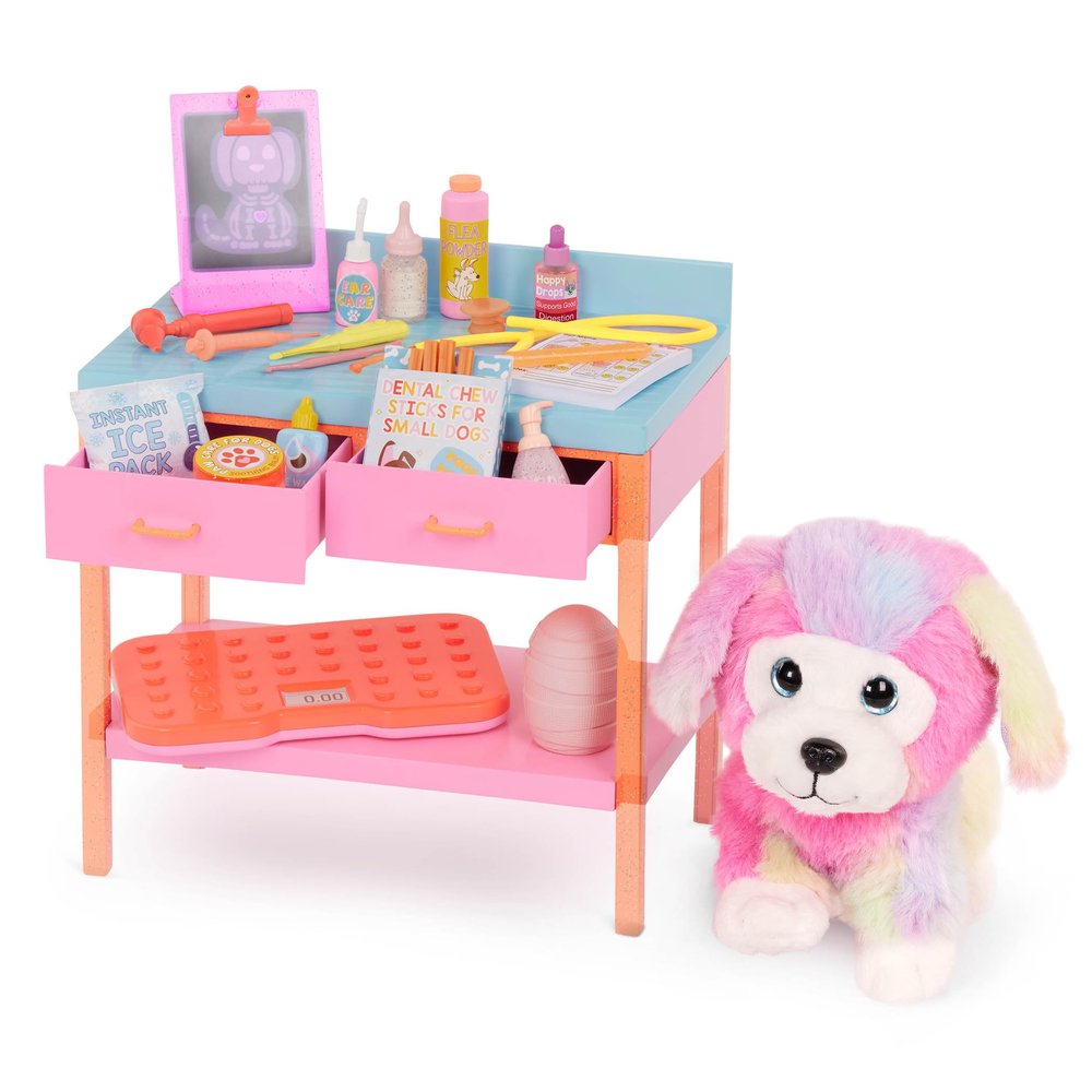 Glitter Girls 14-Inch Doll Accessories Kids Toy Vet Set Plush Dog & Medical Toys Doll Furniture Posable Pet with Pink Fur 3+ Years Sniffles & Vet Table Playset