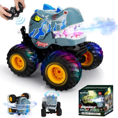 Drefirsa Remote Control Car for Boys 4-7 8-12, Dinosaur Monster Truck Toys with 50min+ Runtime, Spray, LED Light, 360 Rotating & 90 Driving, RC Stunt Car for Kids Birthday