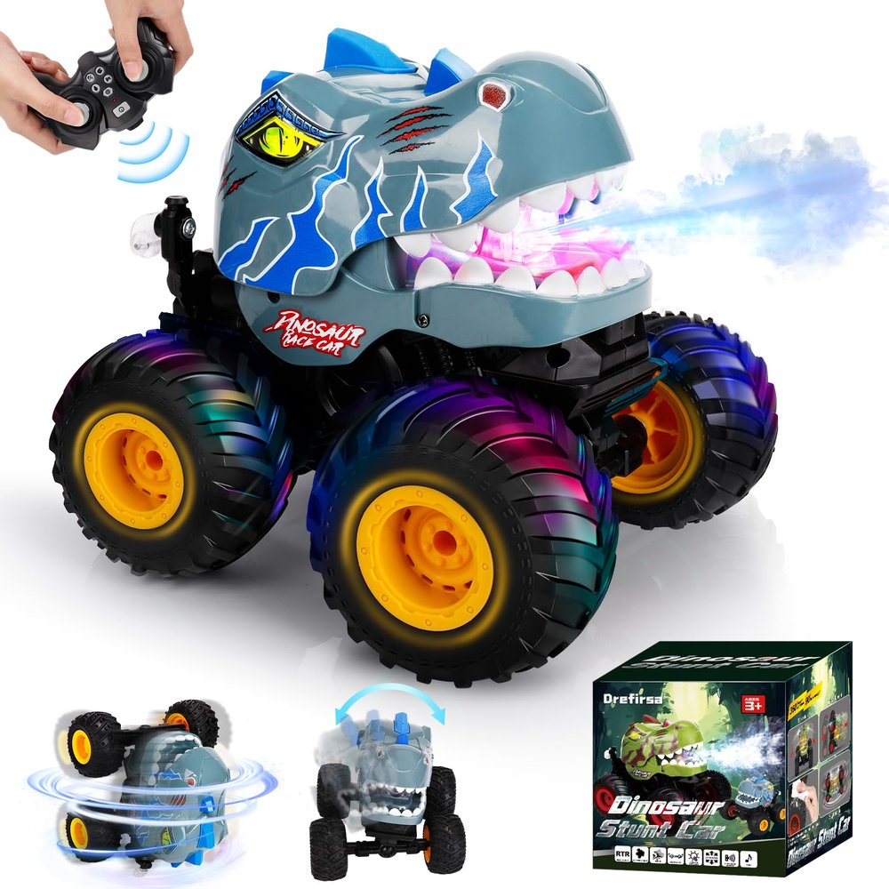 Drefirsa Remote Control Car for Boys 4-7 8-12, Dinosaur Monster Truck Toys with 50min+ Runtime, Spray, LED Light, 360 Rotating & 90 Driving, RC Stunt Car for Kids Birthday