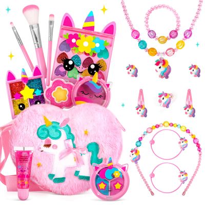 ULOVEME Kids Real Makeup Kit for Little Girls - Real, Non Toxic, Washable Make Up Toy - Umicorn Toys Gift for 3 4 5 6 7 8 9 10 12 Years Old Girls Birthday (Heart Shaped Purse+Jewelry Set)