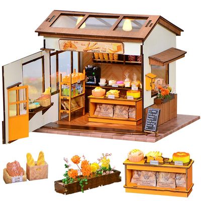 TOPBSFARNY DIY Miniature House Kit for Adults, Door Can be Opened Bakery Shop Dolls House Building Kit with Furniture and LED Lights for Women's/Men Birthday Gift (Without Dust Cover)