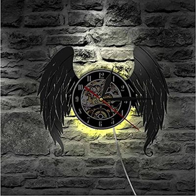 CHTEMKSJ Led Night Light Elegant Angel Wings Home Art Decor Angels Vinyl Record Guardian Angel Baby Room Nursery Silent Wall Watch