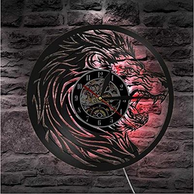 CHTEMKSJ Led Night Light African Lion Portrait Wildlife Animals Vinyl Record Wild Animals Handmade Safari Nursery Wall Art Decorative Clock
