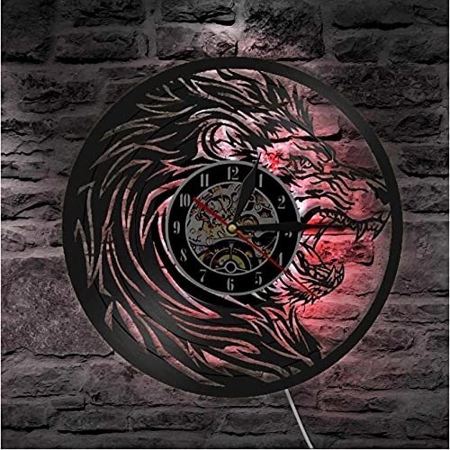 CHTEMKSJ Led Night Light African Lion Portrait Wildlife Animals Vinyl Record Wild Animals Handmade Safari Nursery Wall Art Decorative Clock