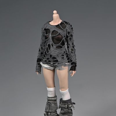 1/6 Scale Female Clothes,Female Ripped Hoodie T-Shirt Tops Bottoming Shirt Clothing for 12inch PH TBL JO Action Figure (Gray&Black Shirt Tops-Long Ver 1pc)