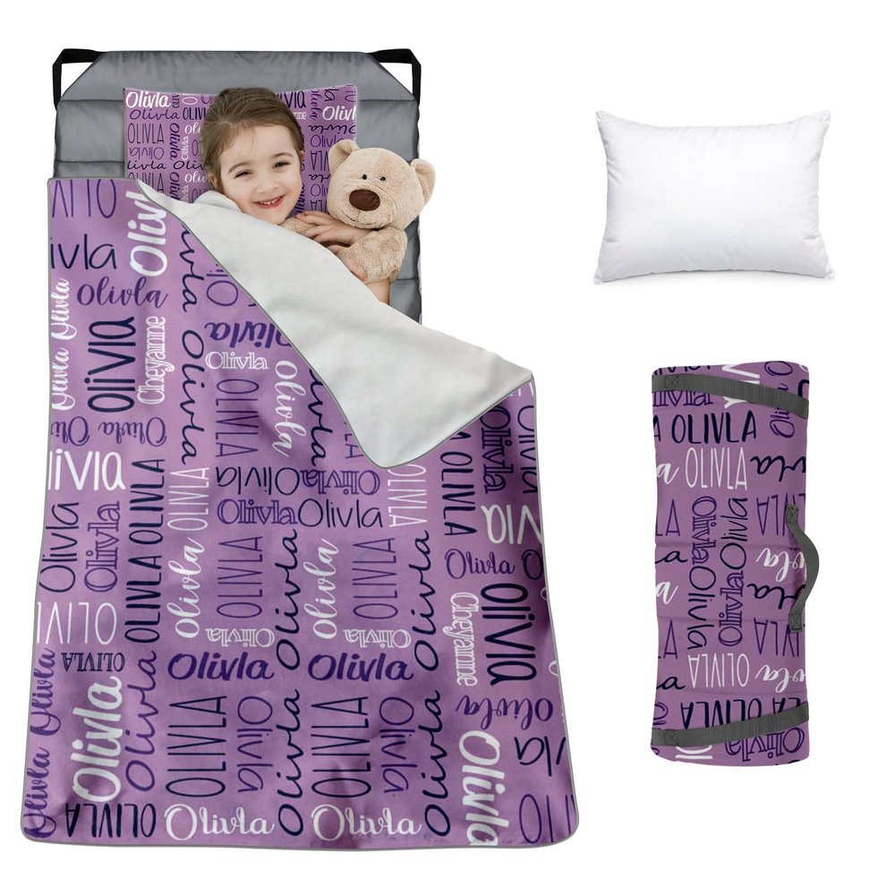 Custom Toddler Nap Mat for Preschool, Personalized Monogram Name Slumber Bags for Kids Daycare, Roll Up Sleeping Mats with Flannel Blanket & Removable Pillow for 2-15 Years Boys Girls Color09