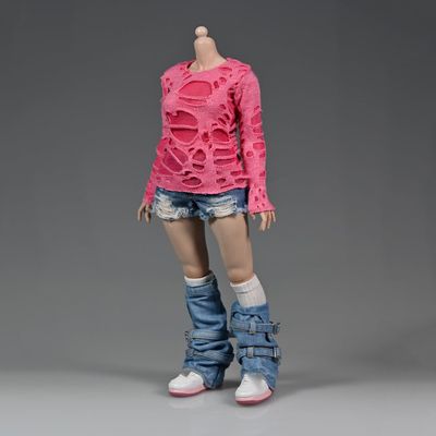 1/6 Scale Female Clothes,Female Ripped Hoodie T-Shirt Tops Bottoming Shirt Clothing for 12inch PH TBL JO Action Figure (Pink Shirt Tops-Long Ver 1pc)