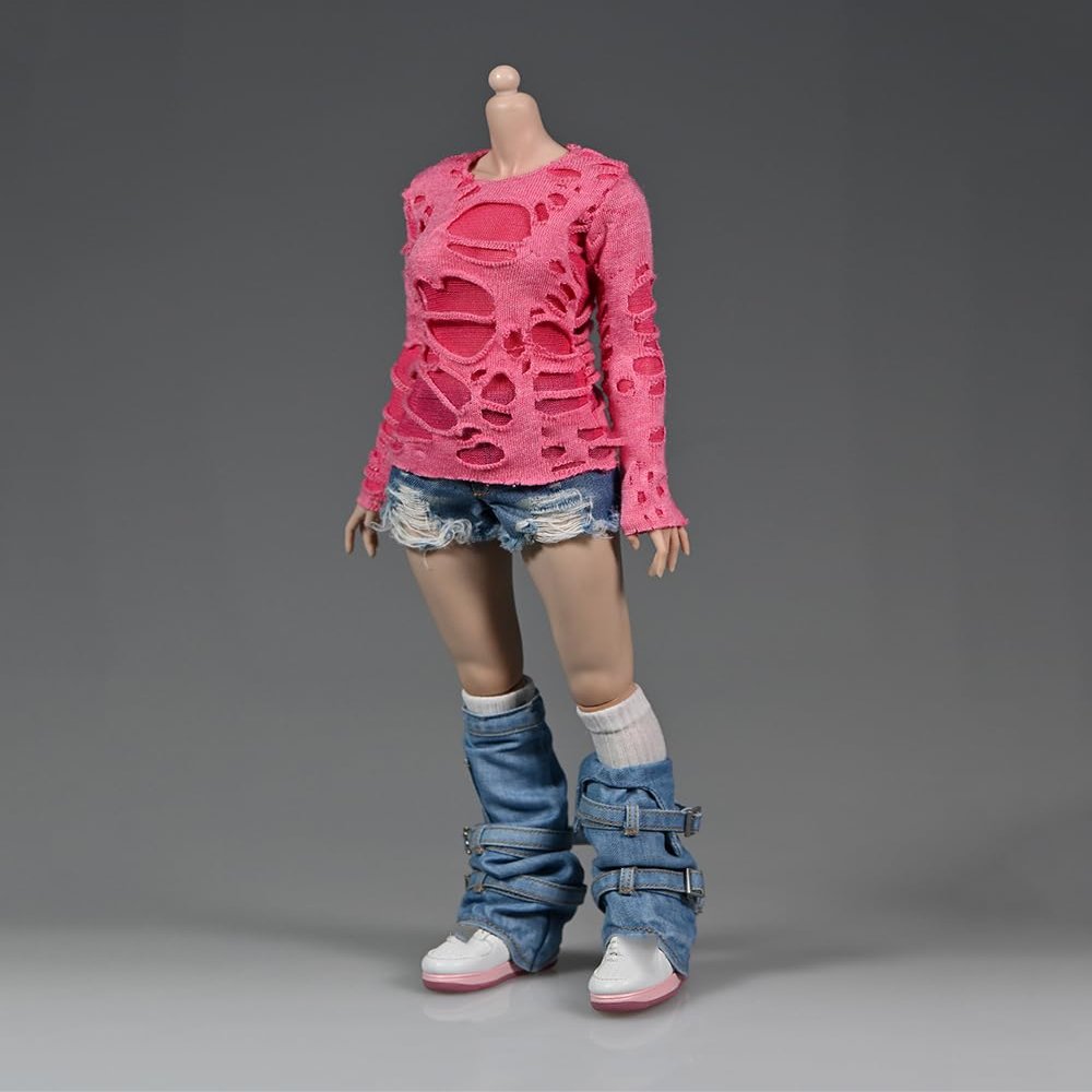 1/6 Scale Female Clothes,Female Ripped Hoodie T-Shirt Tops Bottoming Shirt Clothing for 12inch PH TBL JO Action Figure (Pink Shirt Tops-Long Ver 1pc)