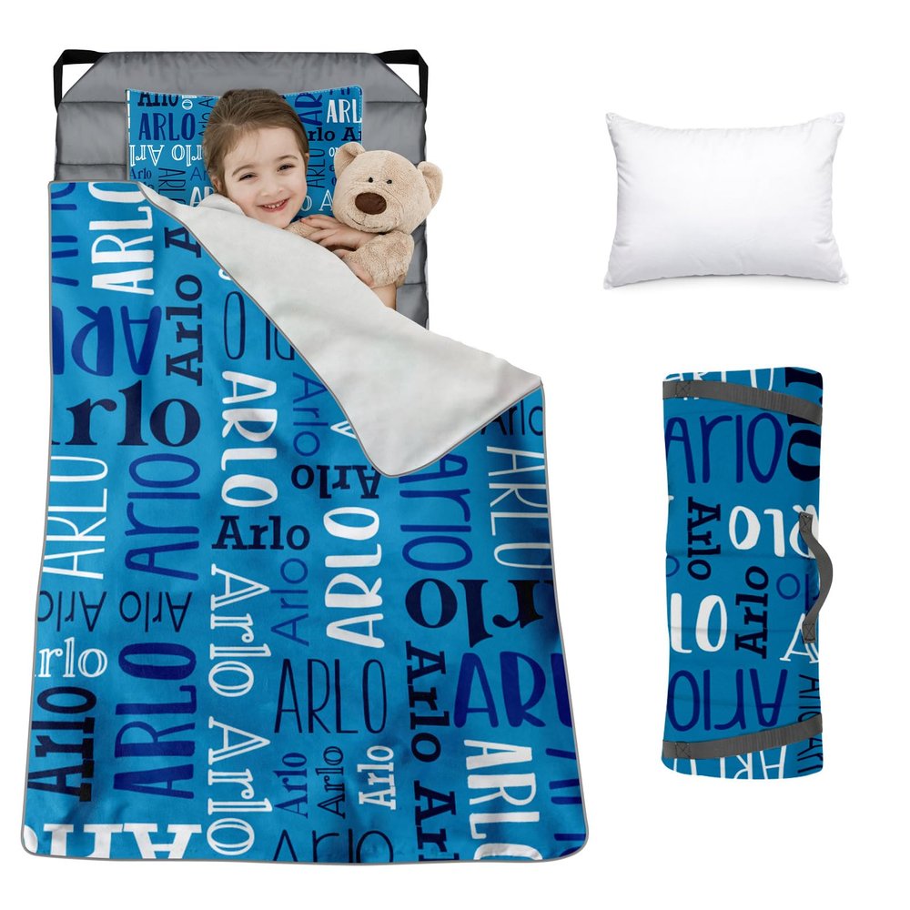 Custom Toddler Nap Mat for Preschool, Personalized Monogram Name Slumber Bags for Kids Daycare, Roll Up Sleeping Mats with Flannel Blanket & Removable Pillow for 2-15 Years Boys Girls Color05