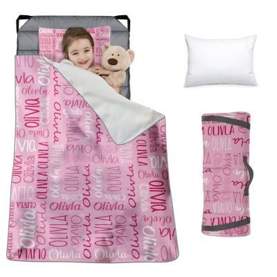 Custom Toddler Nap Mat for Preschool, Personalized Monogram Name Slumber Bags for Kids Daycare, Roll Up Sleeping Mats with Flannel Blanket & Removable Pillow for 2-15 Years Boys Girls Color03