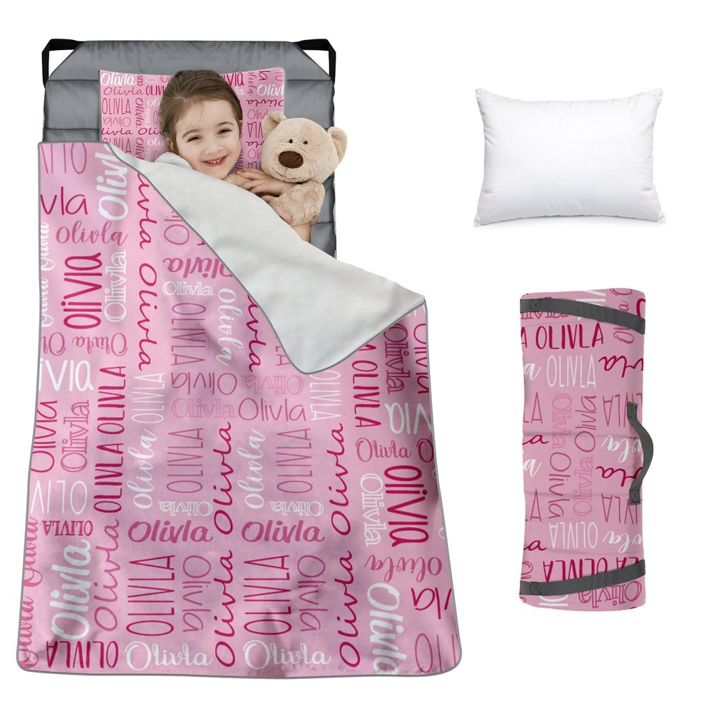 Custom Toddler Nap Mat for Preschool, Personalized Monogram Name Slumber Bags for Kids Daycare, Roll Up Sleeping Mats with Flannel Blanket & Removable Pillow for 2-15 Years Boys Girls Color03