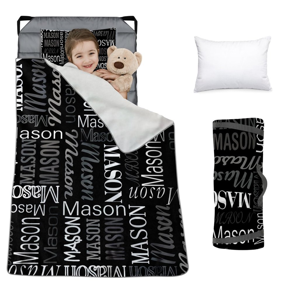 Custom Toddler Nap Mat for Preschool, Personalized Monogram Name Slumber Bags for Kids Daycare, Roll Up Sleeping Mats with Flannel Blanket & Removable Pillow for 2-15 Years Boys Girls Color15