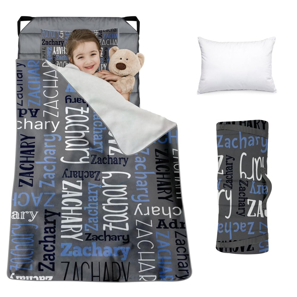 Custom Toddler Nap Mat for Preschool, Personalized Monogram Name Slumber Bags for Kids Daycare, Roll Up Sleeping Mats with Flannel Blanket & Removable Pillow for 2-15 Years Boys Girls Color17
