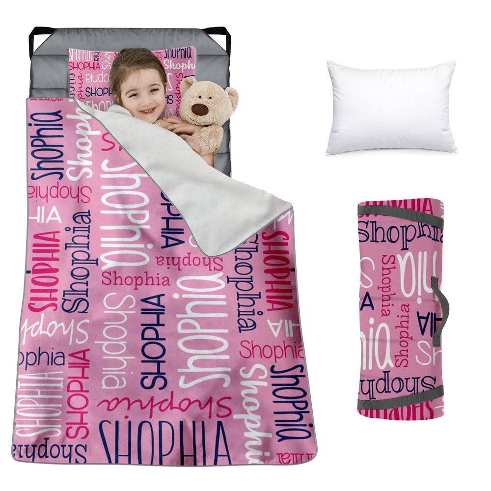 Custom Toddler Nap Mat for Preschool, Personalized Monogram Name Slumber Bags for Kids Daycare, Roll Up Sleeping Mats with Flannel Blanket & Removable Pillow for 2-15 Years Boys Girls Color02
