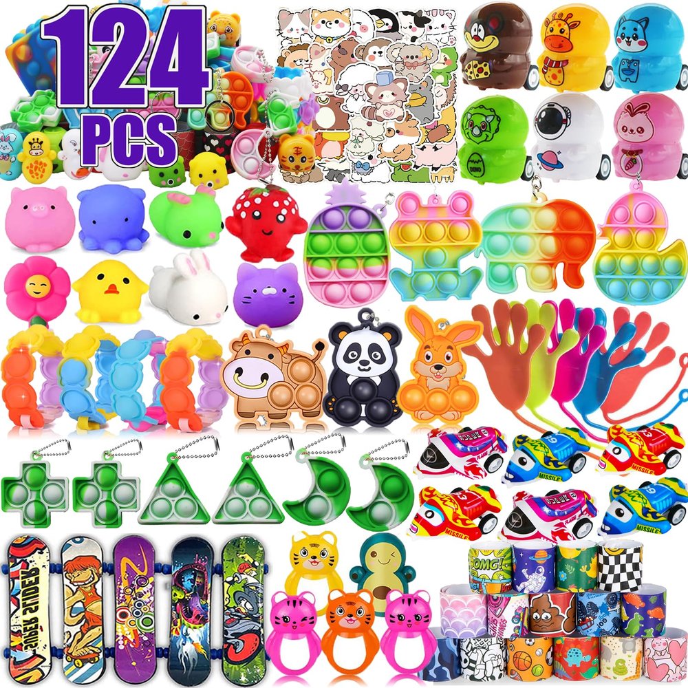 124 Pcs Valentines Party Favors for Kids,Pop Fidget Toys Bulk,Treasure Box Toys for Classroom Prizes,Pinata Filler, Goodie Bag Stuffers,Prize Box Toys,Treasure Chest Carnival Prizes for Boys Girls