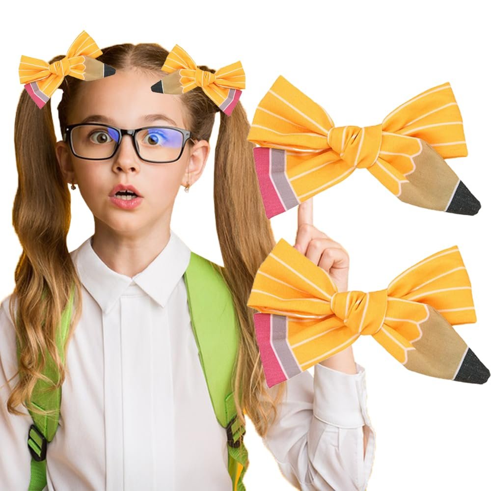 Back to School Pencil Hair Bow Clips for Baby Toddler School Bow Hair Clips Yellow Pencil Stripe Hair Bow Alligator Clips for Kindergarten Teacher Outfits Hair Accessories First Day of School Gifts