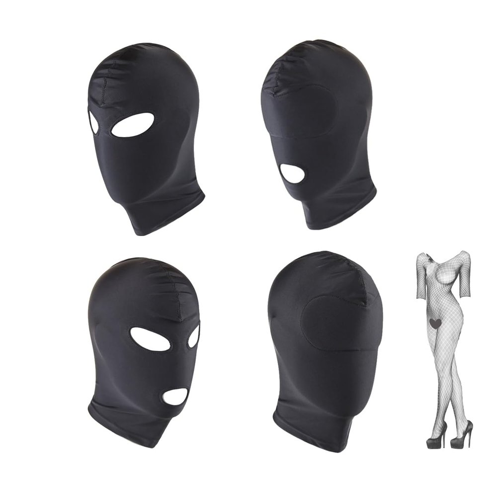 NANGXIANGZI 4Pcs Hood Mask with One Bodystocking Full Cover Hood Mask Open Eyes and Mouth Elastic Breathable Mask for Halloween Costumes (Black Set)