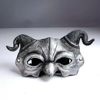 Animal Sheep Mask, PU Foaming Demon Half Face Mask, Halloween Costume for Masquerade Party Mask Facial Makeup Props (Silver)