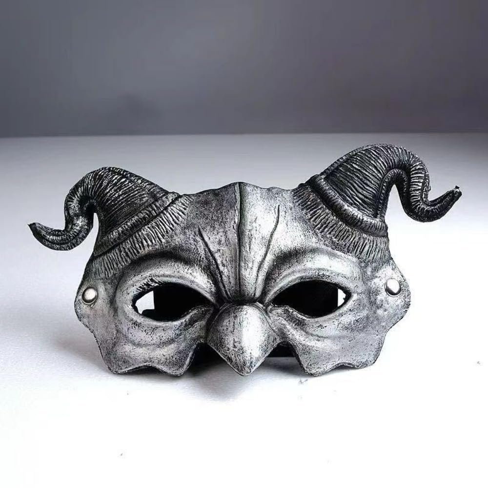 Animal Sheep Mask, PU Foaming Demon Half Face Mask, Halloween Costume for Masquerade Party Mask Facial Makeup Props (Silver)