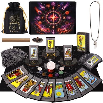 Erbacan Tarot Cards Deck for Beginners, 16pc Witchcraft Spell Kit,Tarot Cards with Meanings on Them- Quartz Crystal Ball,Incense Holder (Witchcraft Supplies kit Clearance)