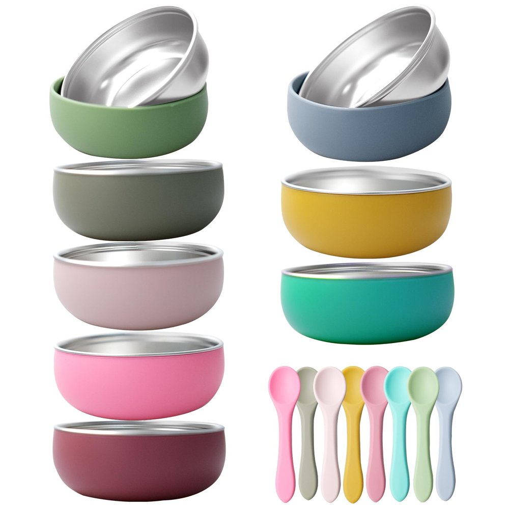 8 Pcs 304 Stainless Steel Baby Bowls with 8 Spoon Kids Bowls with Removable Silicone Shell Toddler Without Suction Bowls Anti Scald Snack Container for Dishwasher for Food Feeding(Multicolor)