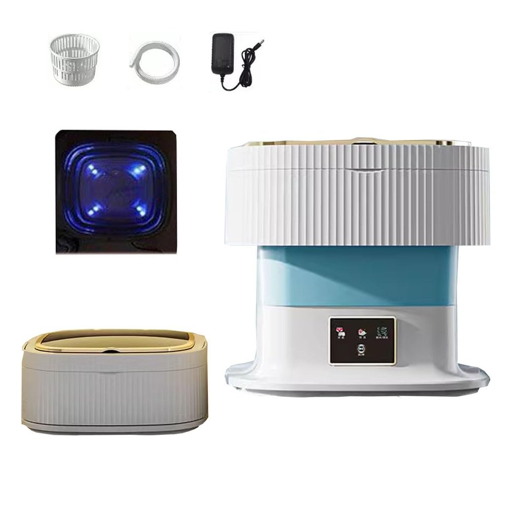 Compact Laundry Apartment Dorm RV Portable Washing Machine 8x8x12.2in Mini Washer With Spin Cycle Basket And Drain Hose Foldable 17L Capacity Camping Travel(Blue)