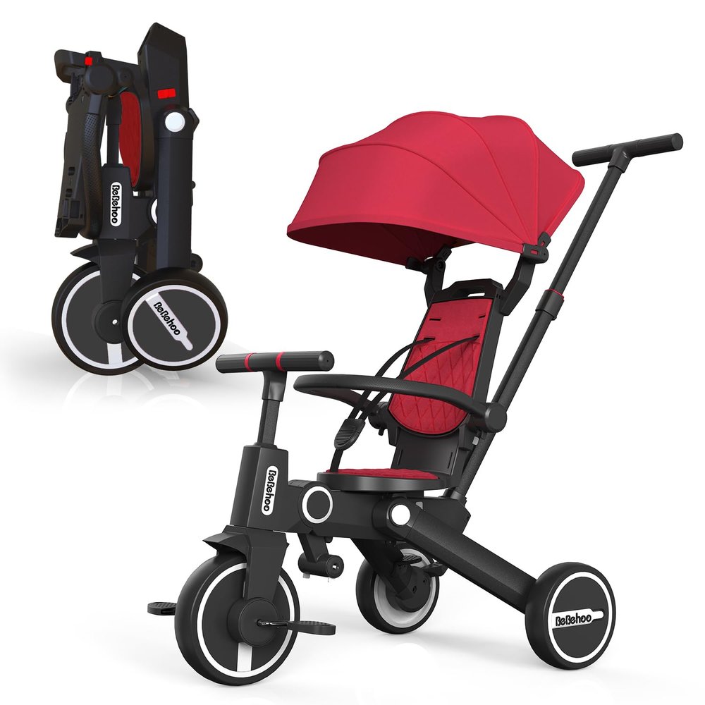 Bebehoo Tricycle Stroller for Toddler,Foldable Baby Tricycle,Kids Balance Bike with Push Handle,Toddlers Stroller Bike with 1 to 5 Years,7-in-1 Push Tricycle Bike for Kids (Red)