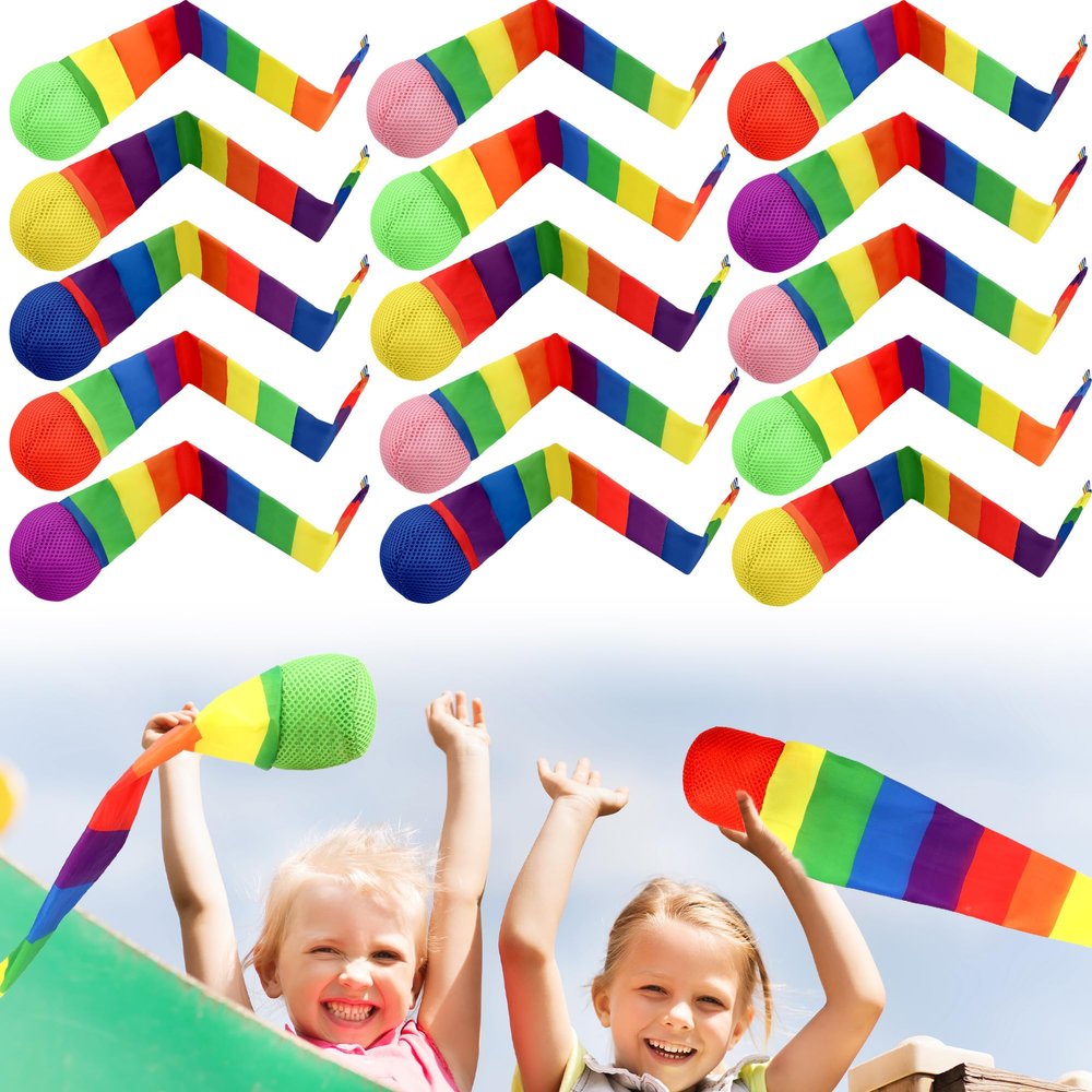 Kugliwa 15 Pcs Rainbow Catch Tail Balls Foam Colorful Meteor Playground Sports Throw and Catch Ball with Rainbow Tail for School Educational Training