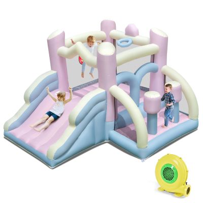 HONEY JOY Inflatable Bounce House, Jumping Bouncy Castle with Slide, Basketball Rim, Boxing & Dart Game, Indoor Outdoor Blow Up Bouncy House for Birthday Party (with 480w Blower)