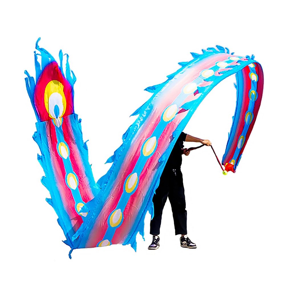 19.6 FT(6 Meters) Rainbow Ribbon Dragon Dance Poi, Outdoor Flinging Fitness Flowy Silk-Like Dragon Ribbon Streamer Set with 340g Ball & 1.1 Meters Swing Rope