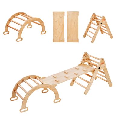 VEVOR Pikler Triangle Set Climber 5 in 1, Toddler Climbing Toys Indoor Folding with Arch&Ramp&Ladder for Montessori Play Gym for Toddlers and Kids, Wooden Color, Medium Size