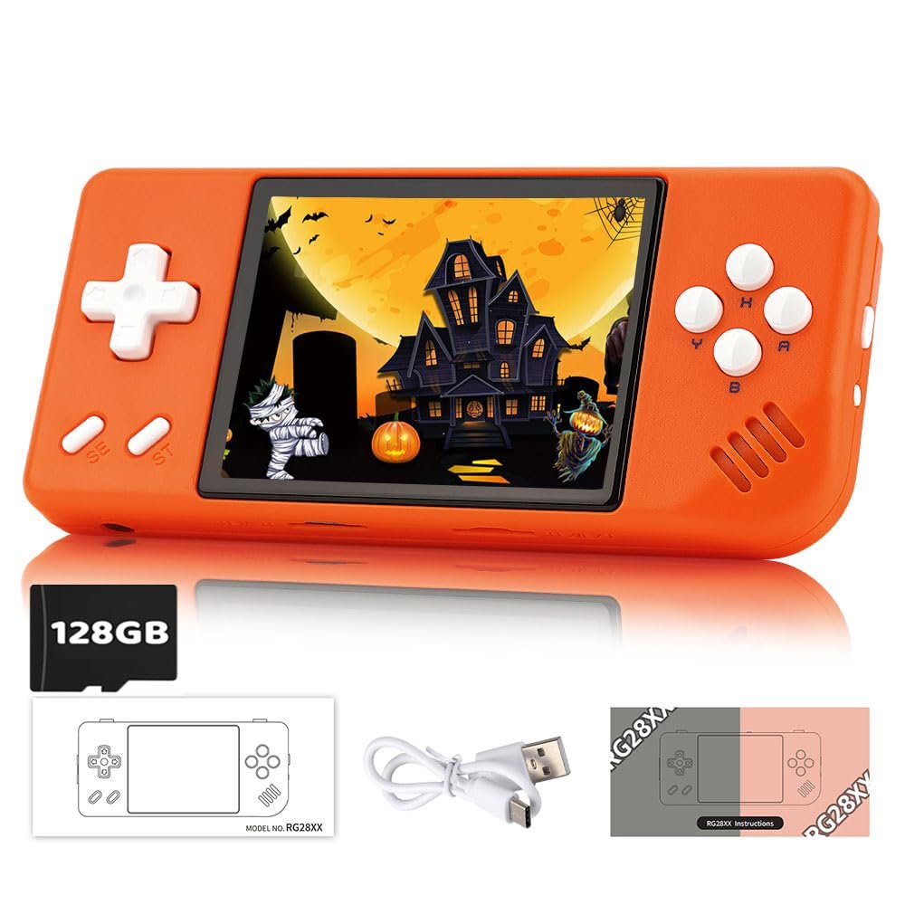 RG28XX Retro Game Console 2.83 Inch 640*480 IPS Screen Linux System Built-in 128GB TF Card,with 3100mAh Battery Linux System Games Consoles,Support HD and TV Output Casual Game Console(Orange)