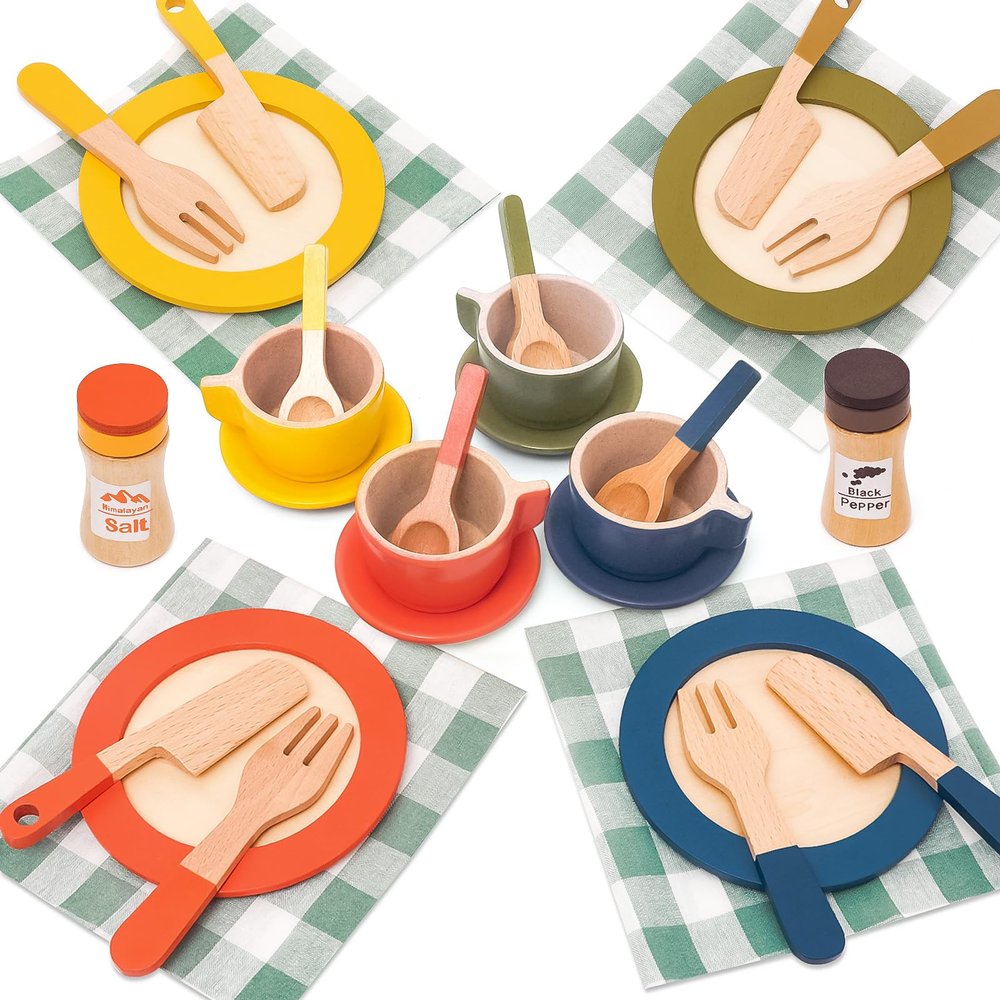 HAPGFS 30 PCS Wooden Play Dishes and Plates for Kids, Montessori Wooden Kitchen Accessories Tableware Set Toys for Toddler Gifts, Pretend Play Food Sets for Children Birthday 3 4 5 6 Boys Girls