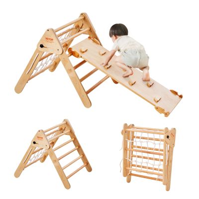 VEVOR Pikler Triangle Set Climber 4 in 1, Montessori Foldable Climbing Set, Large Size Toddler Climbing Toys Indoor with Triangle and Ramp for Kids (Wooden Color)