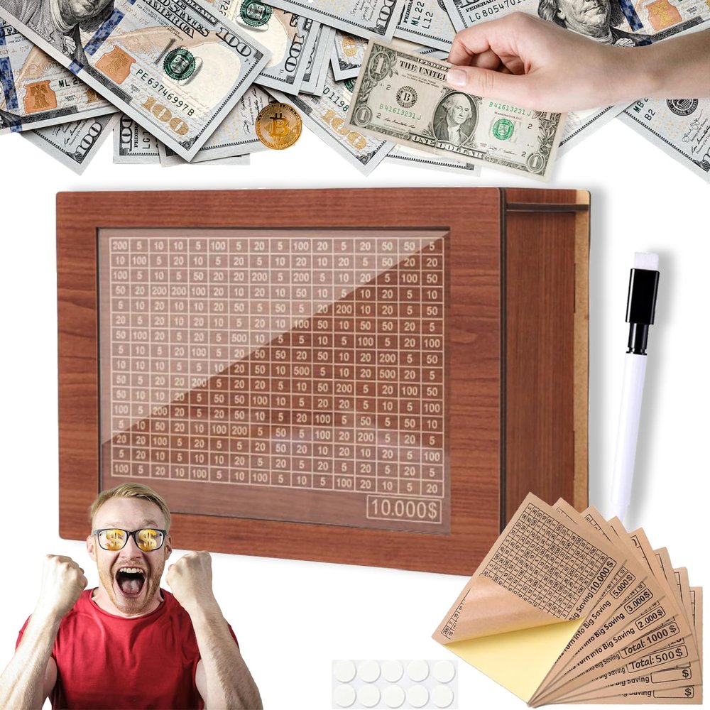10000 Savings Challenge Box, Money Saving Box, 2025 Upgraded Cash Vault Wooden Savings Box 10000, Retro Style Handmade Savings Box, Cash Box with Target and Counter, Cultivate Good Saving Habits